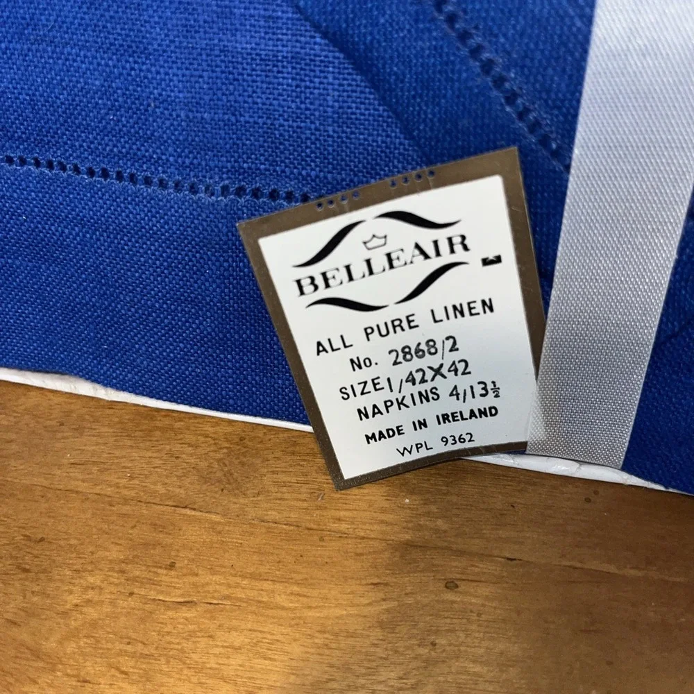 VTG Belle Aire Linen Table Cloth & Napkin Set Blue NOS Made In Ireland